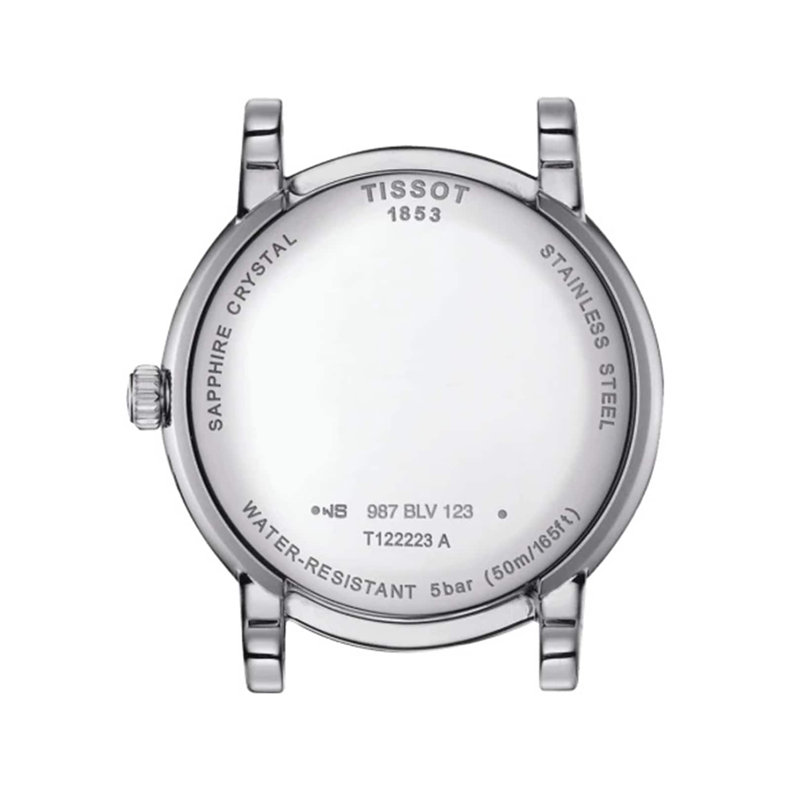 The Tissot Carson Premium Moonphase features a back engraved with its model number, water resistance, stainless steel case, sapphire crystal, and unique Swiss-made quartz details.