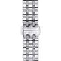 Close-up of the stainless steel bracelet clasp on the Tissot Carson Premium Moonphase, engraved with TISSOT 1853 and showcasing Swiss quartz craftsmanship.