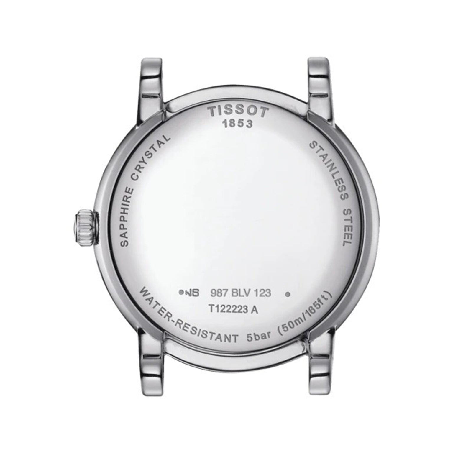 Back view of a Tissot Carson Premium Moonphase case showing engravings for sapphire crystal, stainless steel, 5 bar water resistance, reference T122223A, and serial number 987 BLV 123.
