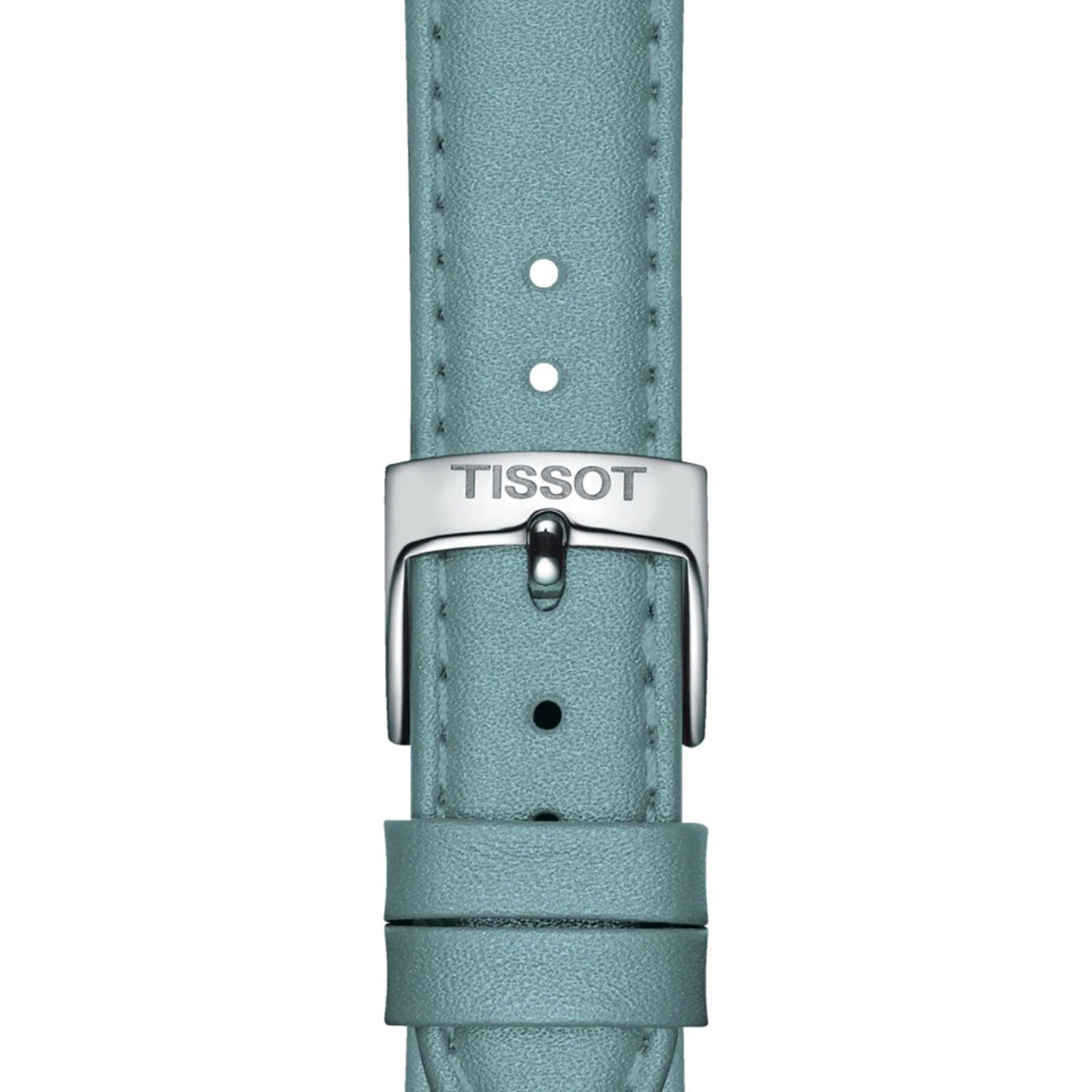 Close-up of a light blue leather strap with a silver buckle engraved Tissot, showcasing the refined elegance of the Tissot Carson Premium Moonphase watch.