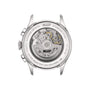 Back view of a Tissot Telemeter 1938 stainless steel watch showing exposed Swiss automatic movement, water-resistant to 30m with sapphire crystal, featuring engraved model and serial details.