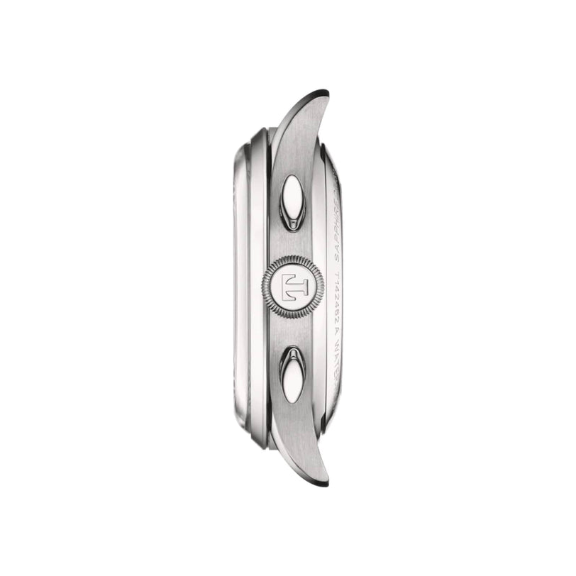 Side view of a silver Tissot Telemeter 1938 automatic watch case with two pushers, a crown bearing the Tissot logo, and curved lugs in Telemeter style, set against a white background.