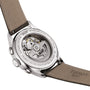 Back view of the Tissot Telemeter 1938, showcasing its transparent case back, visible Swiss automatic movement, and leather strap with embossed branding for a sophisticated vintage style.