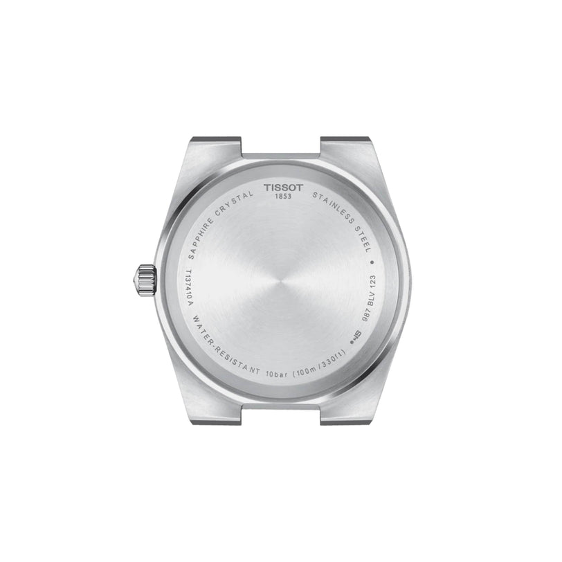Back view of the Tissot PRX stainless steel watch highlights its sleek design, featuring engravings for the Tissot brand, PRX model name, water resistance rating, and sapphire crystal information.