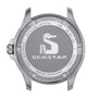 Back view of the Tissot Seastar 1000 displays engravings such as the seahorse logo, sapphire crystal, stainless steel, water resistance details, and model numbers.