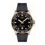 The Tissot Seastar 1000 is a stylish diver’s watch with a black dial, gold bezel, and black rubber strap. It features a date display and 30 bar water resistance, making it ideal for underwater adventures.