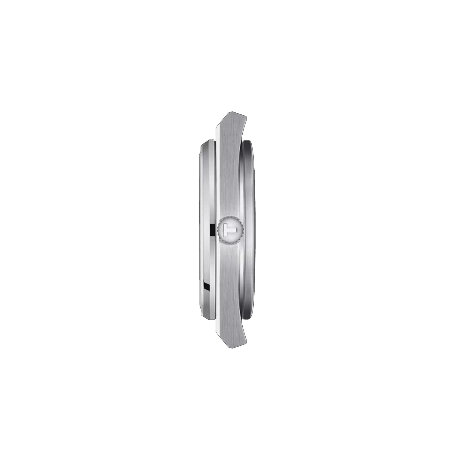 Side view of the Tissot PRX Powermatic 80 wristwatch, featuring a silver stainless steel case with a round crown and brushed metal finish, isolated on a white background.