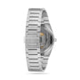 Back view of the Tissot PRX Powermatic 80 stainless steel wristwatch, highlighting the clasp, bracelet, and partially visible Powermatic 80 automatic movement through its transparent case back.