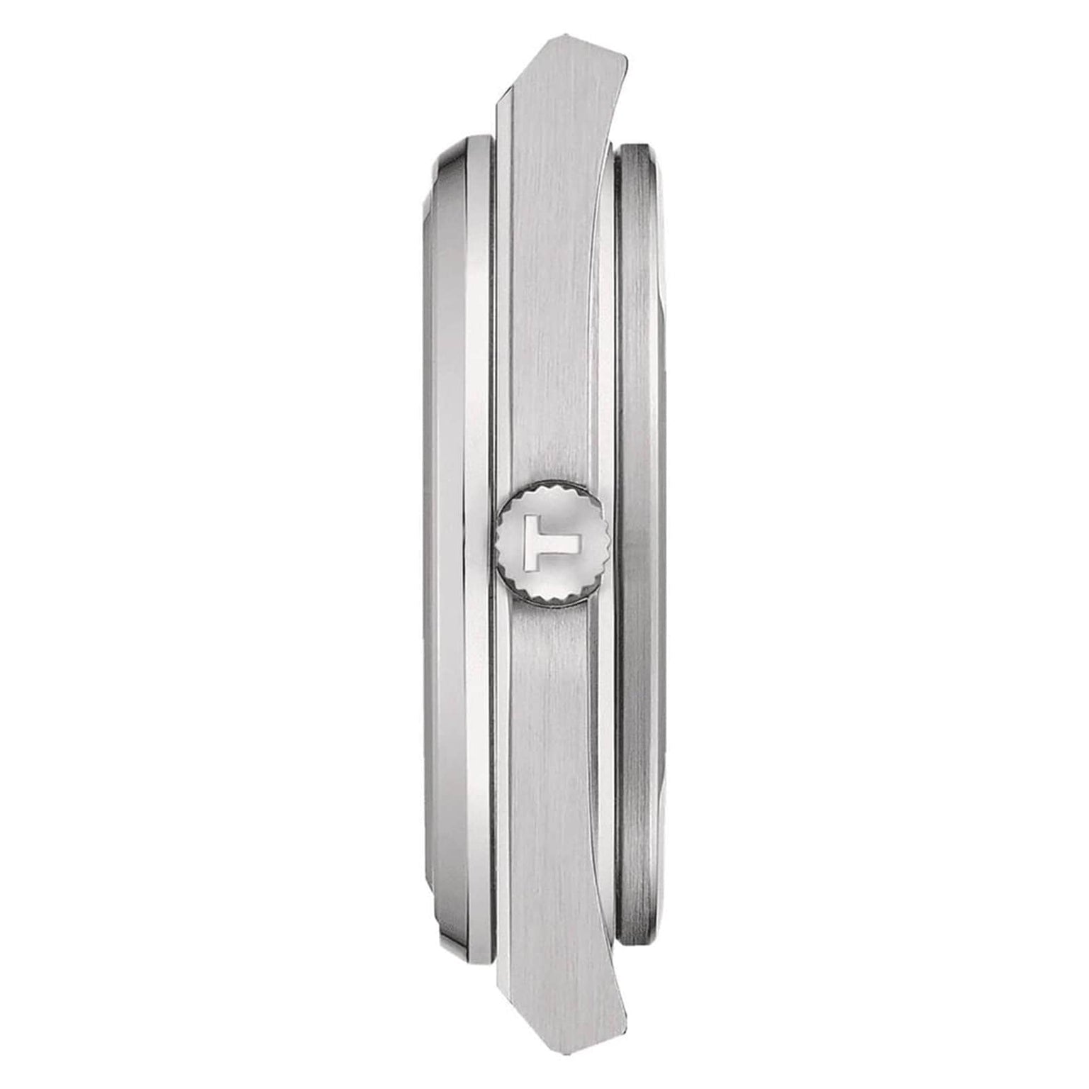 Side view of the Tissot PRX, a silver 40mm watch case with a textured crown and brushed finish, highlighting its vintage-style thickness and bezel design.