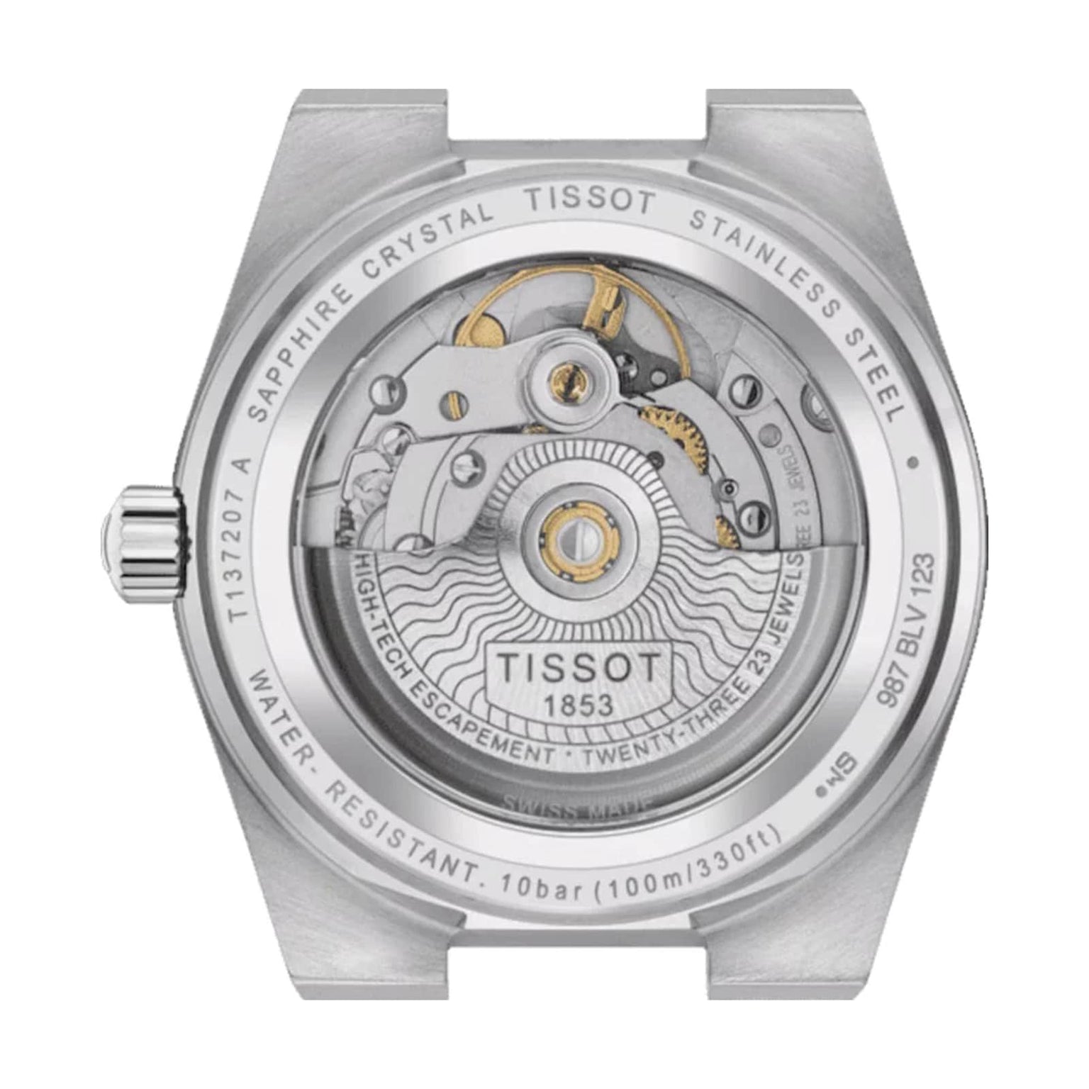 Close-up of the Tissot PRX Powermatic 80’s back, highlighting its stainless steel case, sapphire crystal, and visible Powermatic 80 automatic movement with engraved technical details.