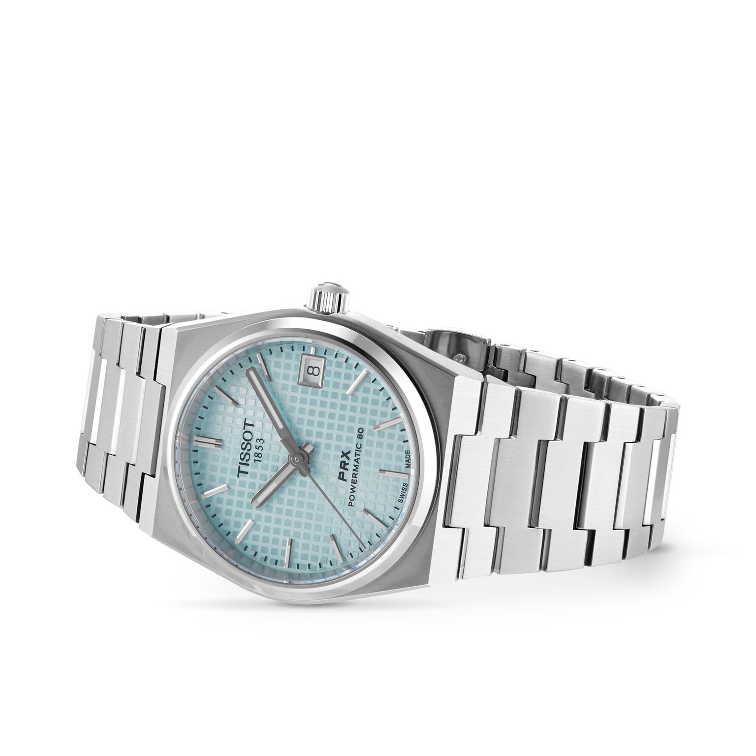 The Tissot PRX Powermatic 80 features a stainless steel case, ice blue textured dial, silver hour markers, date display, and metal link bracelet, shown on a plain white background.