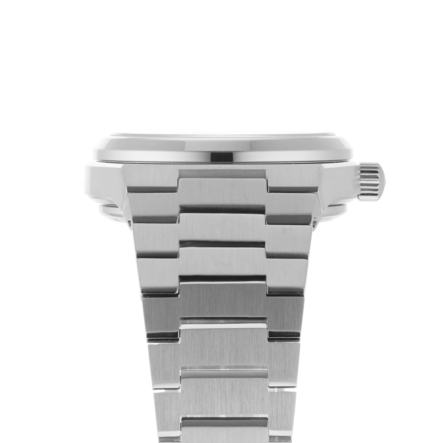 Side view of the Tissot PRX Powermatic 80 featuring a stainless steel link band, ridged crown on the right, and an eye-catching ice blue dial.