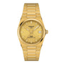 The Tissot PRX Powermatic 80 features a gold dial, date window, and a metal bracelet.
