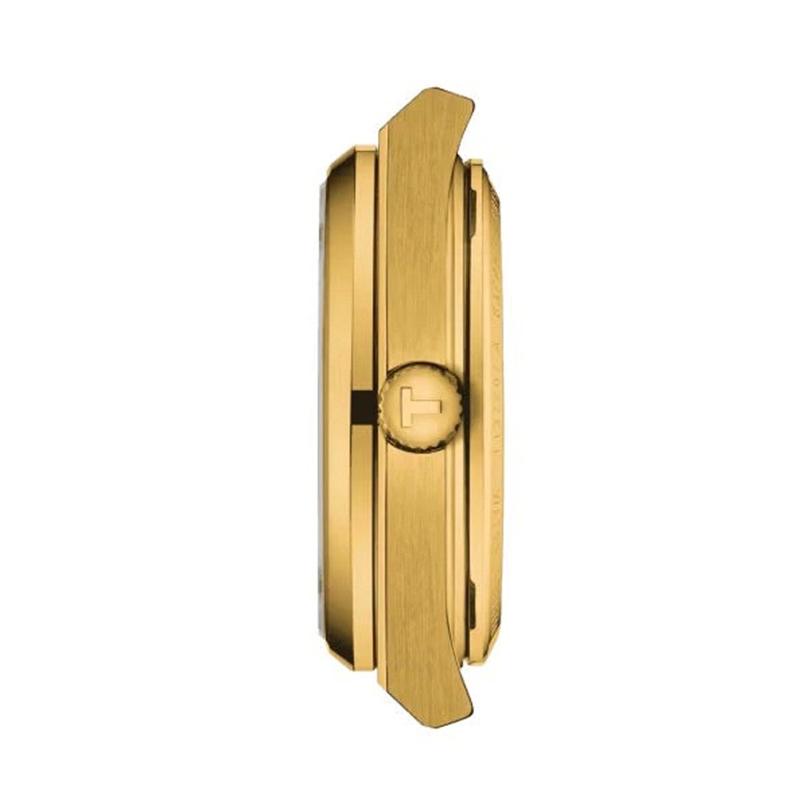 Side view of the Tissot PRX Powermatic 80 case in gold-PVD, highlighting the crown, bezel, and signature waffle dial pattern against a white background.