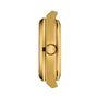 Side view of the Tissot PRX Powermatic 80 case in gold-PVD, highlighting the crown, bezel, and signature waffle dial pattern against a white background.