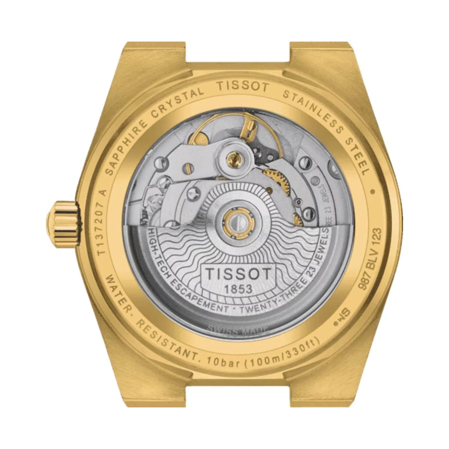 Close-up of the back of a Tissot PRX Powermatic 80 watch, showing its inner mechanical movement and branded engravings through the transparent case back.