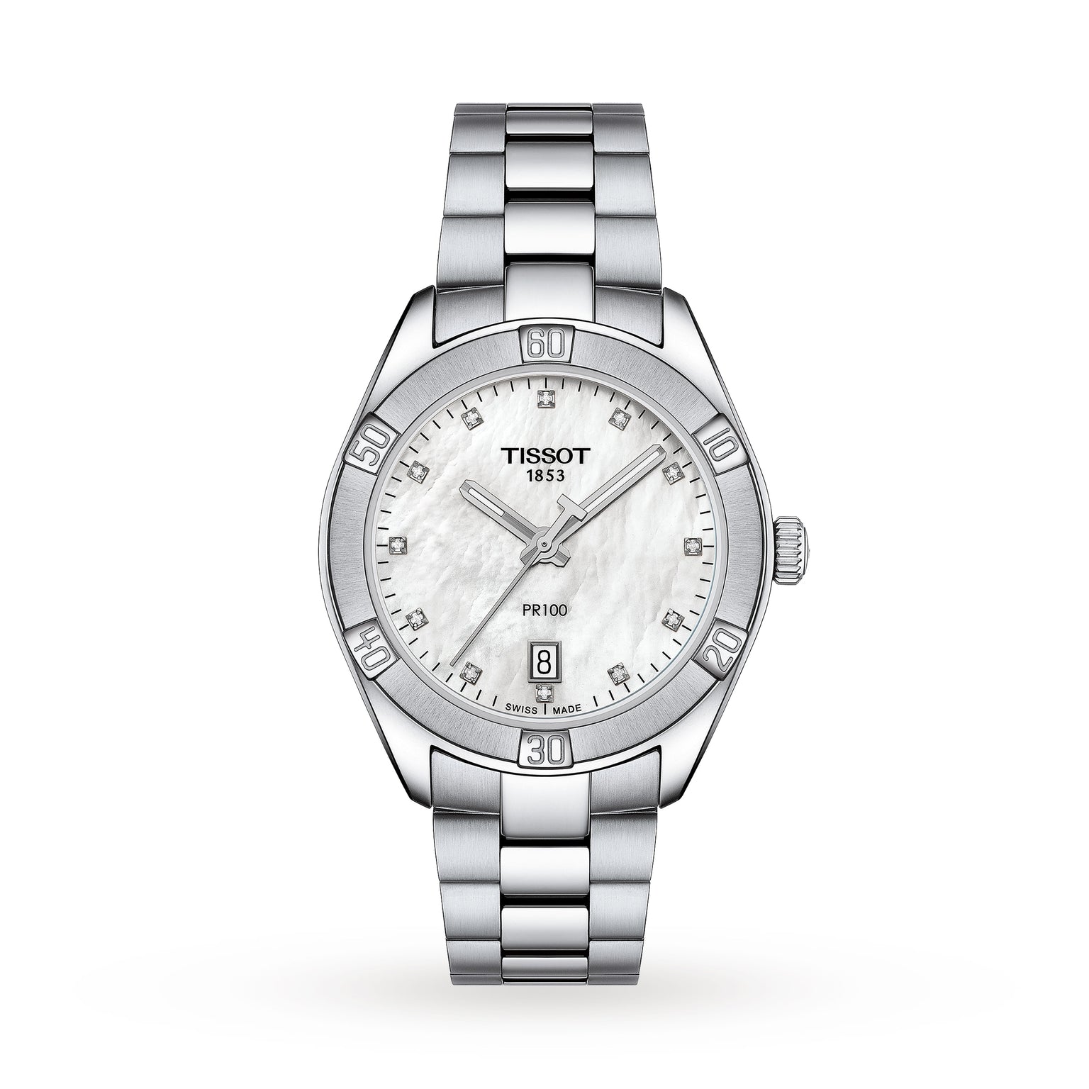The Tissot PR 100 Sport Chic is a silver stainless steel watch with a white dial, date display at 6 o’clock, and sparkling diamond hour markers.