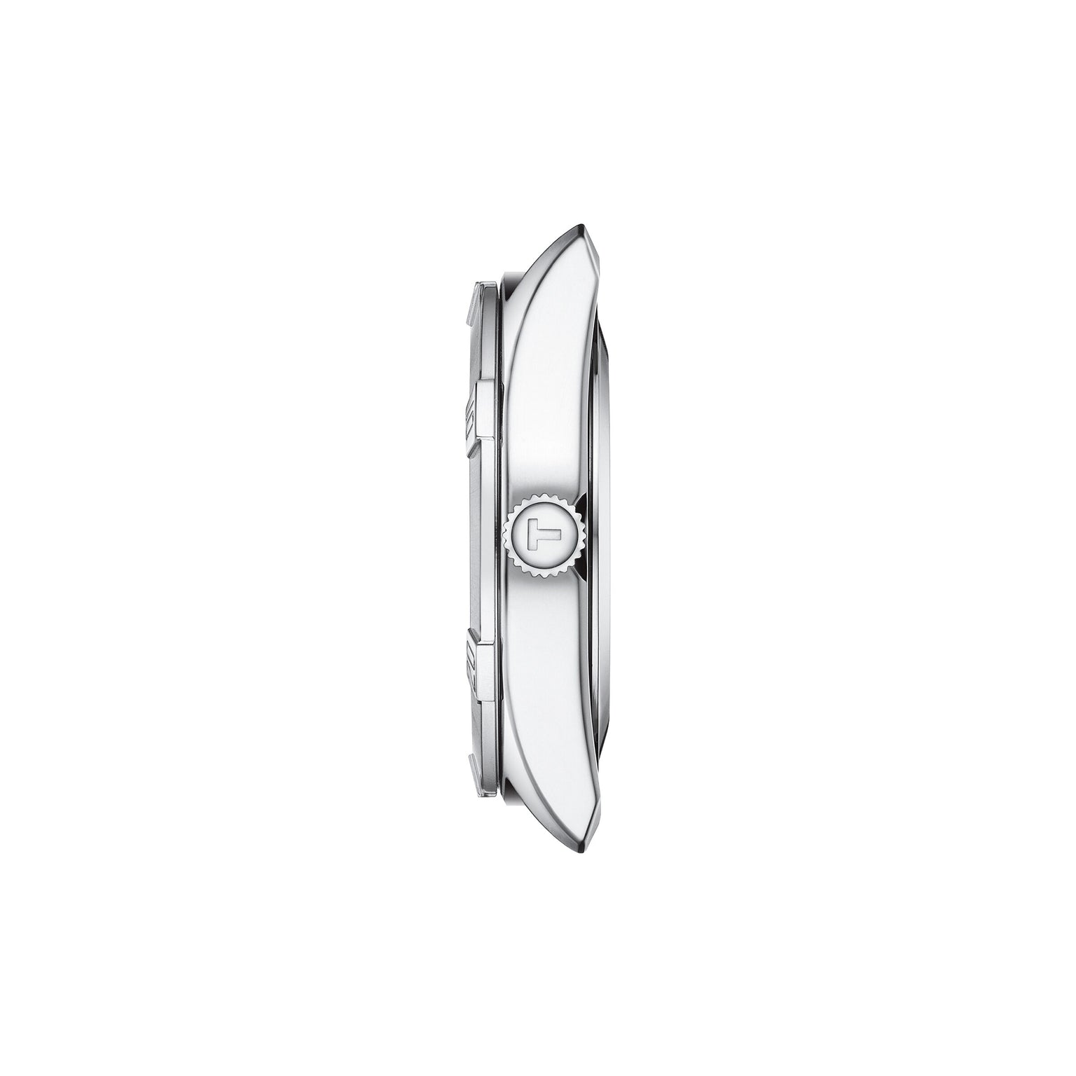 Side view of a Tissot PR 100 Sport Chic stainless steel watch with a white dial, showcasing the crown and lugs against a plain white background.
