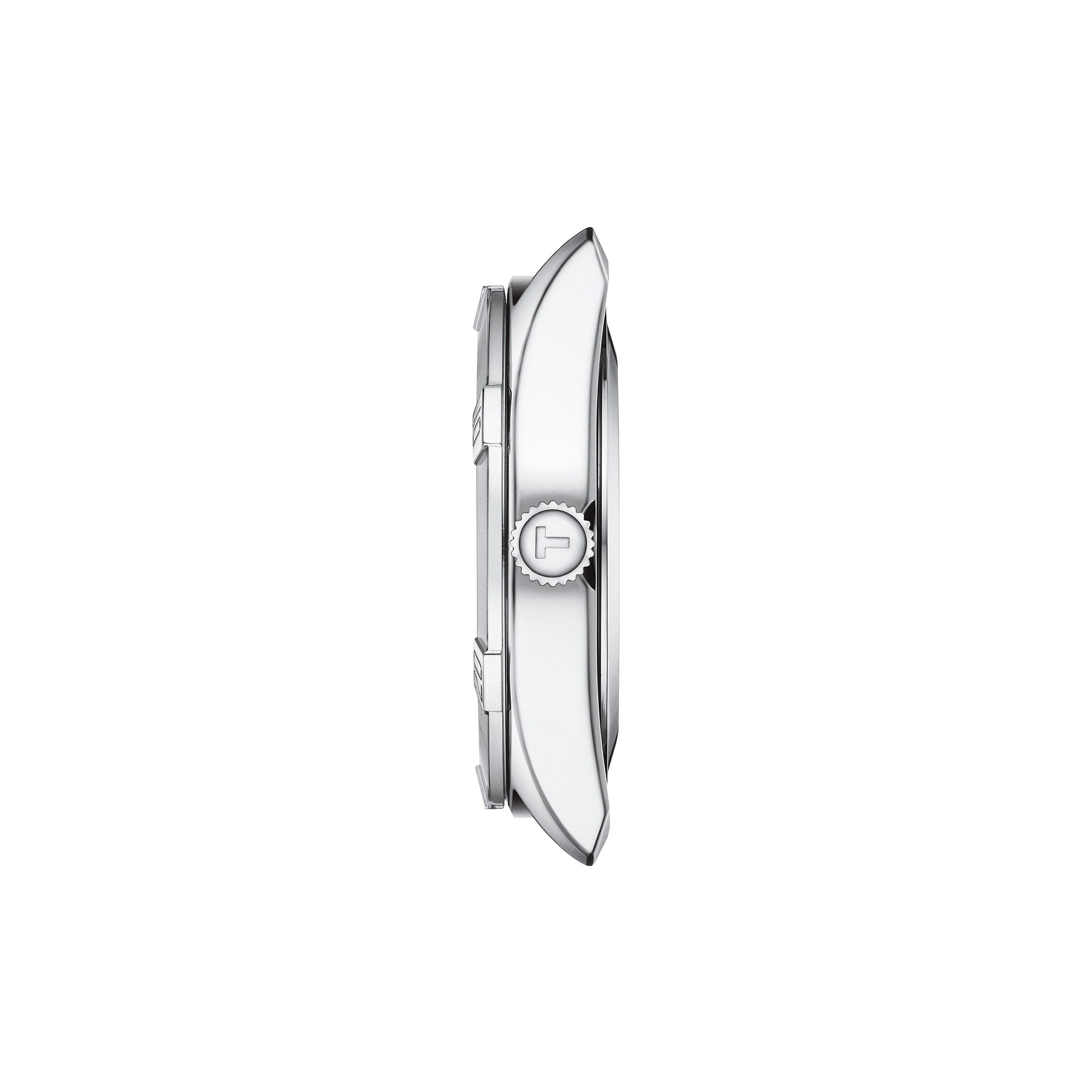 Side view of a Tissot PR 100 Sport Chic stainless steel watch with a white dial, showcasing the crown and lugs against a plain white background.