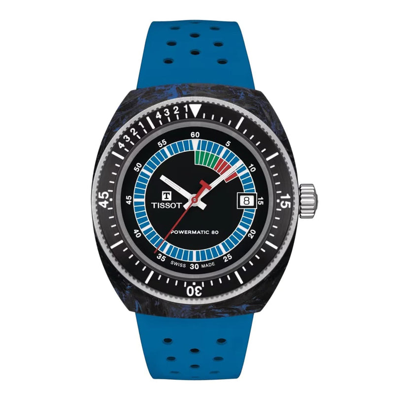 The Tissot Sideral S Powermatic 80 features a black dial with colorful hour markers, a date display at 3 oclock, and a blue perforated strap.