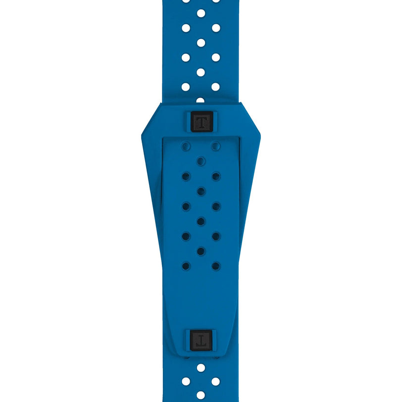The Tissot Sideral S Powermatic 80 features a blue perforated strap with a central rectangular section and two black buttons on either end of the central area.