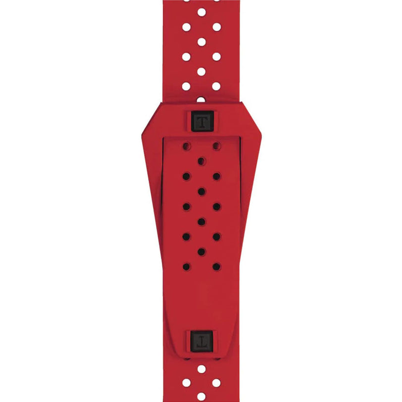 The Tissot Sideral S Powermatic 80 is a watch featuring multiple holes, red and black accents, and an adjustable plastic lockout-style design for enhanced safety applications.