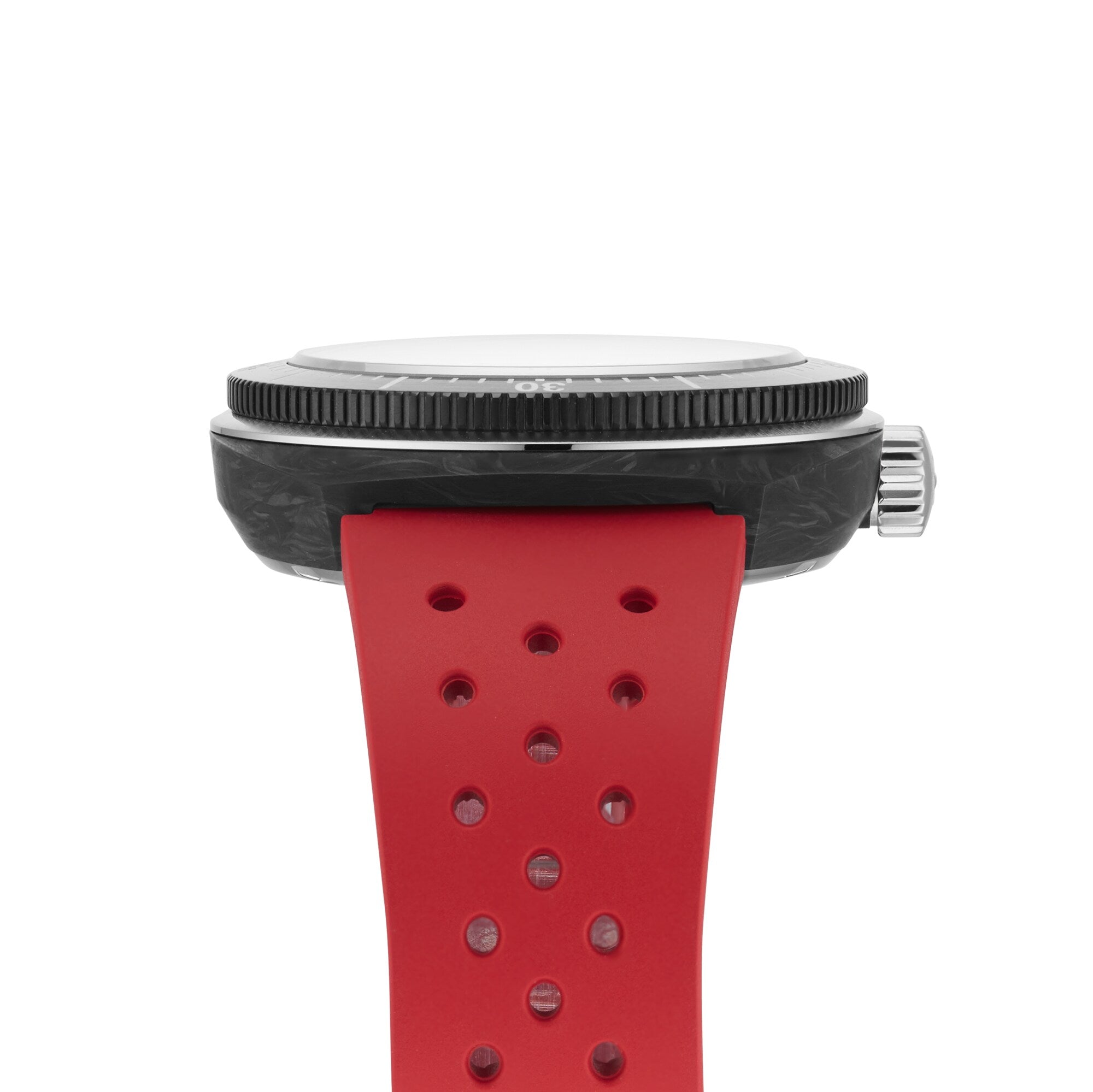 Side view of the Tissot Sideral S Powermatic 80 wristwatch featuring a black case, silver crown, and a red perforated strap.