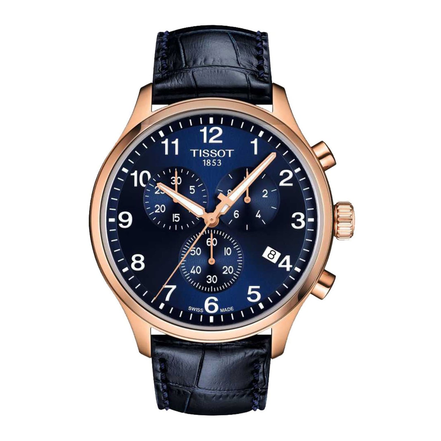 The Tissot Chrono XL Classic mens watch features a gold case, striking blue dial, black leather strap, date display, and three sub-dials with a precise chronograph function.