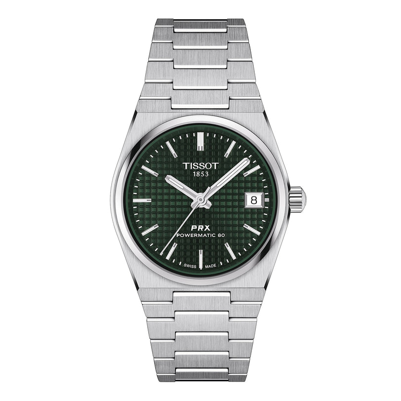 The Tissot PRX Powermatic 80 features a silver 35mm case, green textured dial, silver hour markers, and a date window at 3 o’clock.