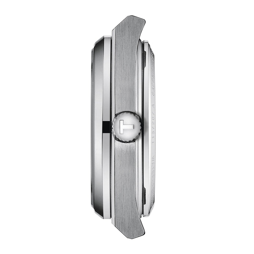 Profile view of a silver Tissot PRX Powermatic 80 wristwatch case with a brushed metal finish and a crown featuring the signature T-shaped logo.