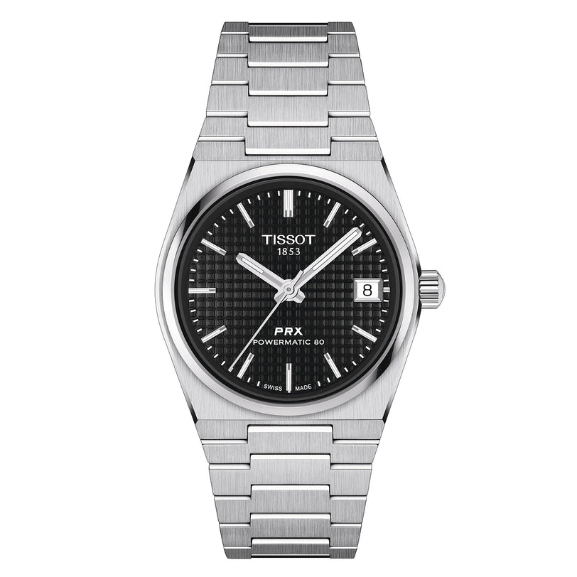The Tissot PRX Powermatic 80 is a stainless steel watch with a 35mm case, black waffle dial, baton markers, date at 3 oclock, and an integrated bracelet.