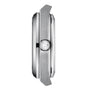 Side view of a Tissot PRX Powermatic 80 wristwatch case in silver with a brushed metal finish, angular edges, and a crown featuring the stylized Tissot T logo, isolated on a white background.