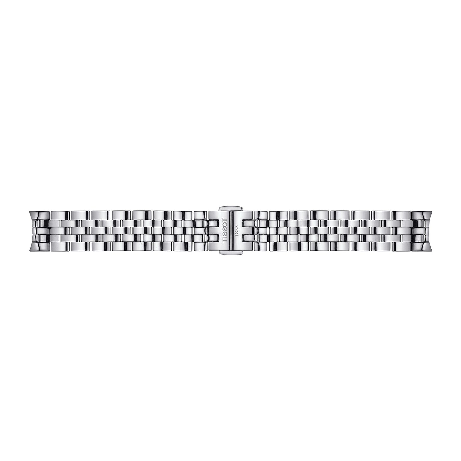 A Tissot Le Locle Automatic 20th Anniversary stainless steel watch bracelet with a brushed and polished finish and a deployment clasp, viewed from above on a white background, reflecting the brand’s heritage and fine automatic movement.