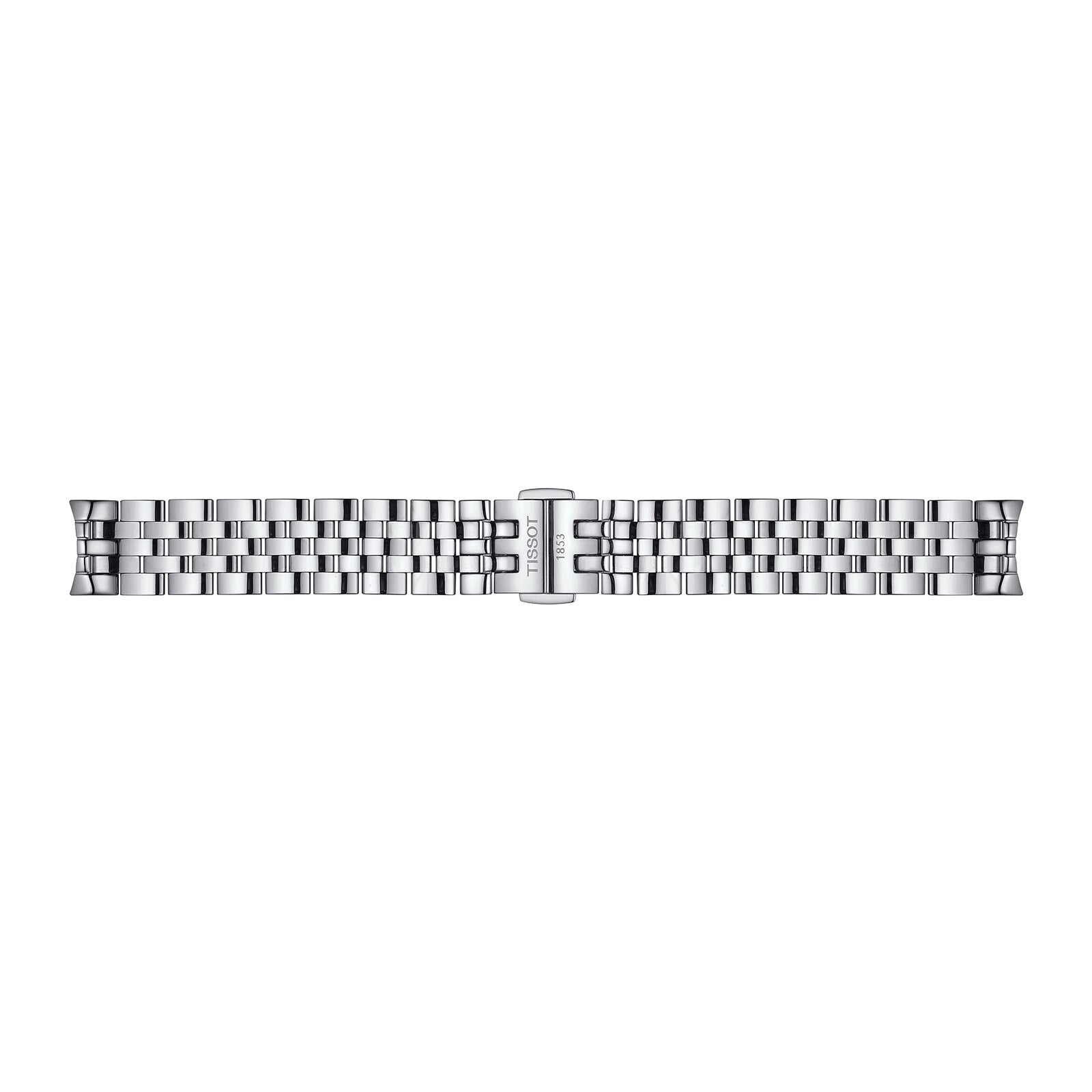 A Tissot Le Locle Automatic 20th Anniversary stainless steel watch bracelet with a brushed and polished finish and a deployment clasp, viewed from above on a white background, reflecting the brand’s heritage and fine automatic movement.