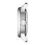 Side view of the Tissot Le Locle Automatic 20th Anniversary wristwatch case in silver, featuring a protruding crown, dual lugs, and brushed-polished finishes—reflecting Tissots renowned Le Locle craftsmanship and automatic movement.