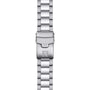 The Tissot Seastar 1000 Powermatic 80 GMT features a stainless steel bracelet with a fold-over clasp and raised T logo, designed for water-resistant and sapphire crystal watches.