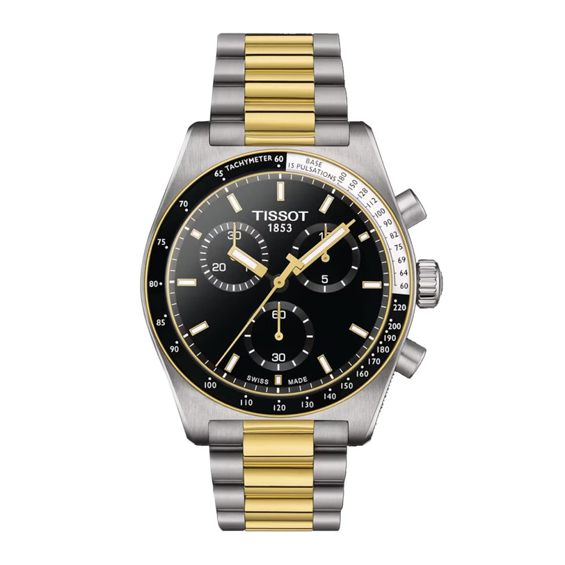 Tissot PR516 Chronograph mens watch featuring a black dial, gold-tone markers, tachymeter bezel, and a two-tone silver and gold bracelet.