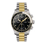 Tissot PR516 Chronograph mens watch featuring a black dial, gold-tone markers, tachymeter bezel, and a two-tone silver and gold bracelet.