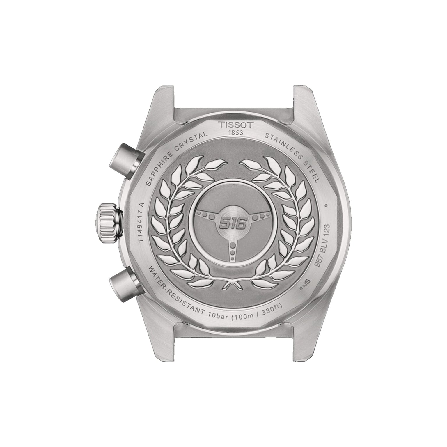 Back view of the Tissot PR516 Chronograph shows an engraved laurel, aviation emblem, and key specs like water resistance, sapphire crystal, and Quartz movement on the stainless steel watch case.