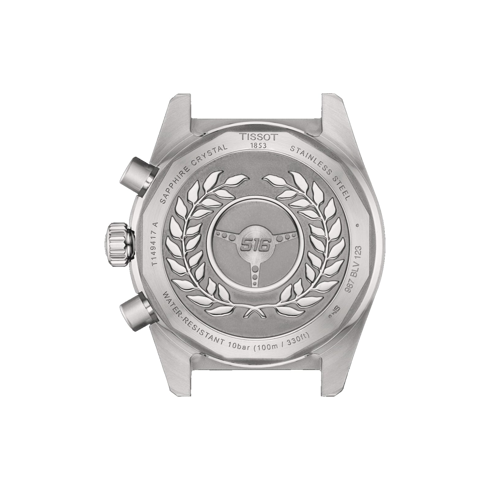 Back view of the Tissot PR516 Chronograph shows an engraved laurel, aviation emblem, and key specs like water resistance, sapphire crystal, and Quartz movement on the stainless steel watch case.