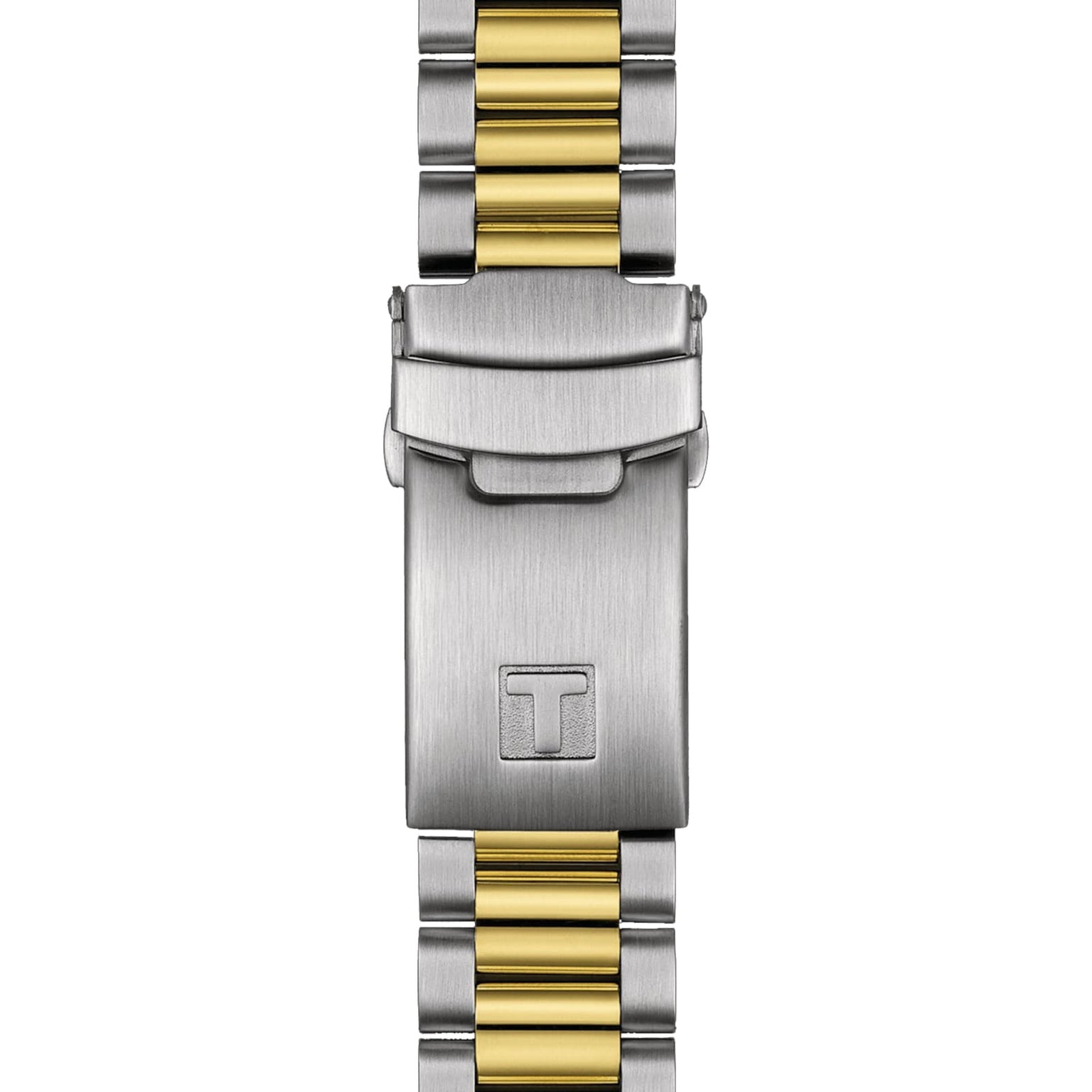 Close-up of the Tissot PR516 Chronograph’s two-tone bracelet, featuring silver and gold links and a clasp engraved with a T.