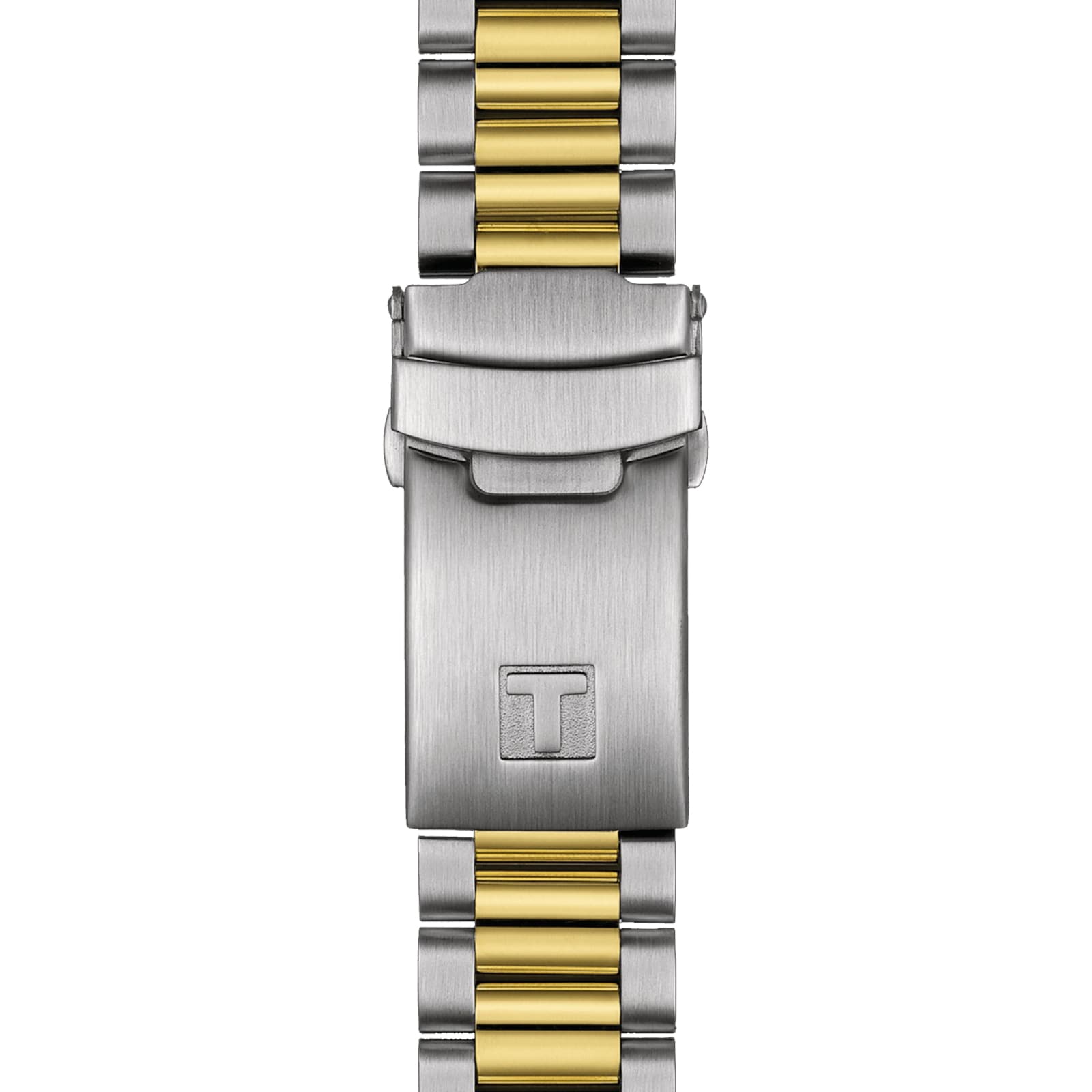 Close-up of the Tissot PR516 Chronograph’s two-tone bracelet, featuring silver and gold links and a clasp engraved with a T.