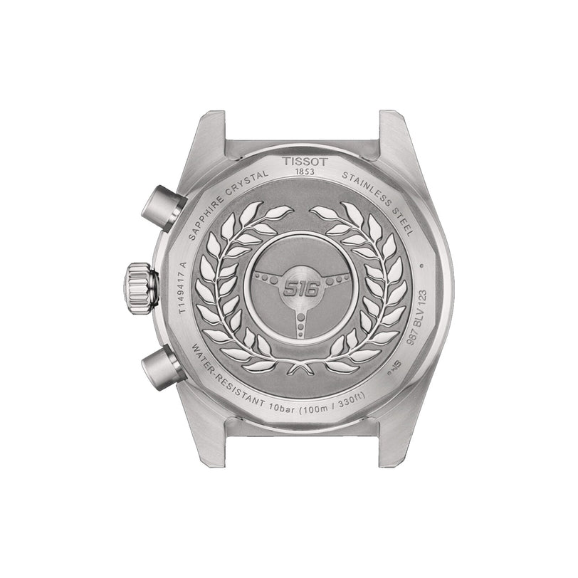 The stainless steel case back of the Tissot PR516 Chronograph features an engraved aviation-themed emblem, laurel wreath, and inscriptions for water resistance and material—distinctive details of this iconic watch.