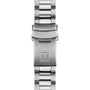 Close-up of a stainless steel bracelet clasp with an engraved T logo, designed to complement the Tissot Seastar 1000 Powermatic 80 automatic watch.