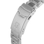 Close-up of the stainless steel clasp on the Tissot Seastar 1000 Powermatic 80, featuring a T engraved on the clasp.
