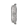 Side view of the Tissot Seastar 1000 Powermatic 80 silver wristwatch case with a textured crown, set against a white background.