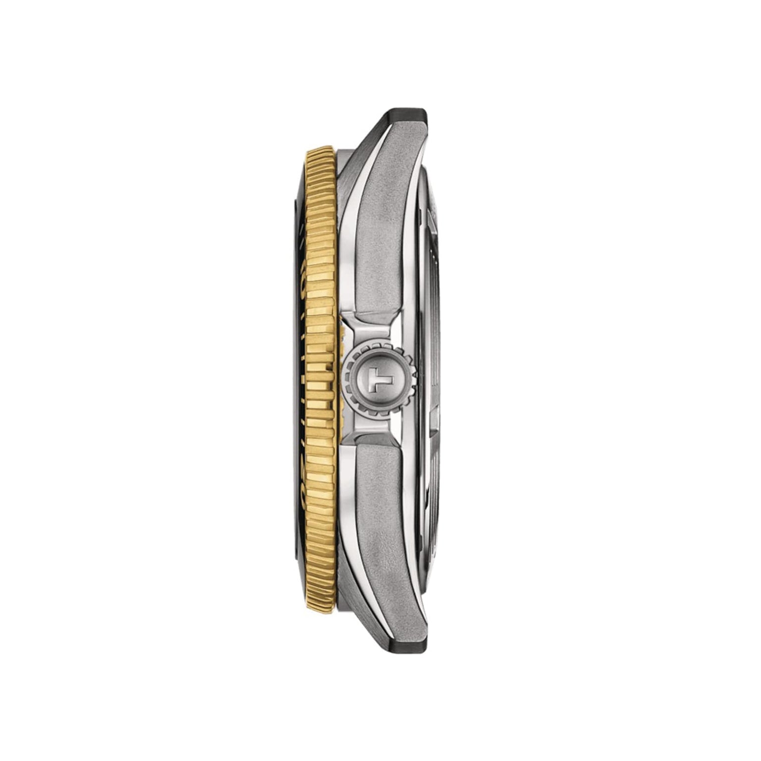 Side view of the Tissot Seastar 1000 Powermatic 80 shows its 40mm silver case, gold ridged bezel, and round crown engraved with a T. Super-LumiNova accents provide outstanding visibility in any lighting conditions.