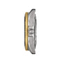 Side view of the Tissot Seastar 1000 Powermatic 80 shows its 40mm silver case, gold ridged bezel, and round crown engraved with a T. Super-LumiNova accents provide outstanding visibility in any lighting conditions.