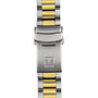 Close-up of the Tissot Seastar 1000 Powermatic 80’s two-tone metal bracelet with a fold-over clasp, featuring an engraved T logo.