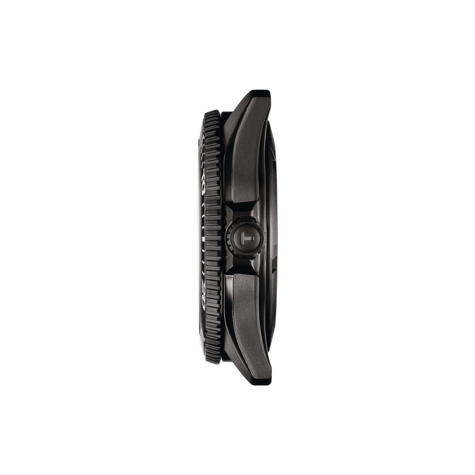 Side view of the Tissot Seastar 1000 Powermatic 80’s black case, featuring a ridged bezel and prominent crown, shown against a white background.